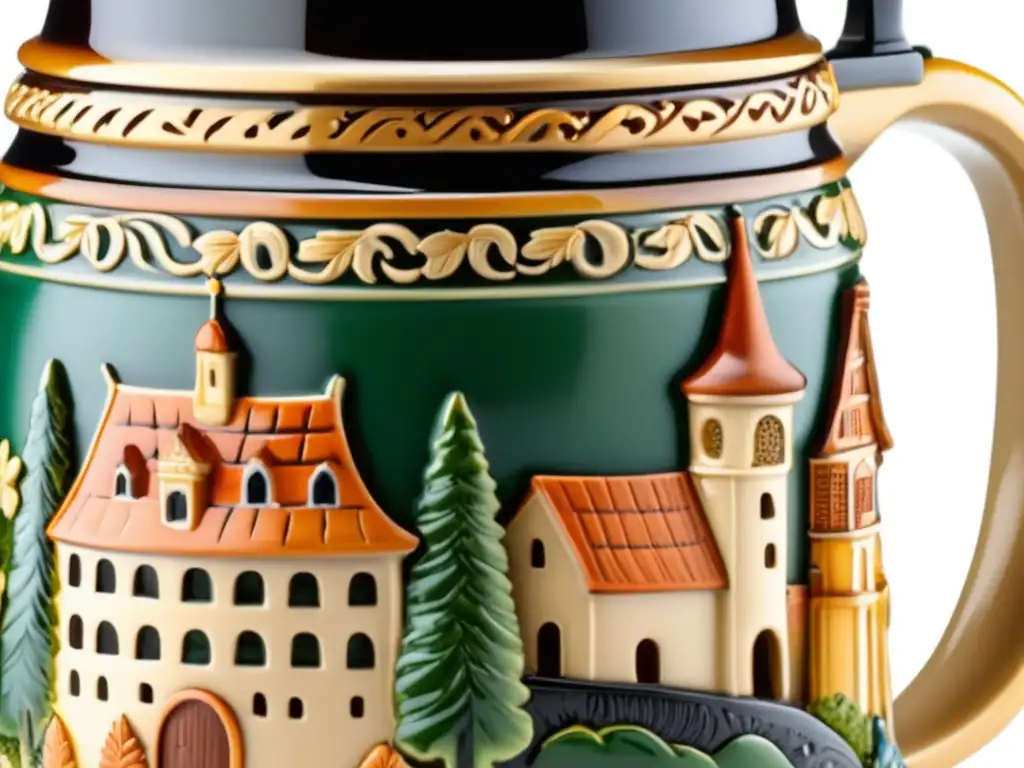 Stein cerámico alemán artesanal con motivos de festivales de cerveza, bailes folklóricos y lugares emblemáticos de Alemania