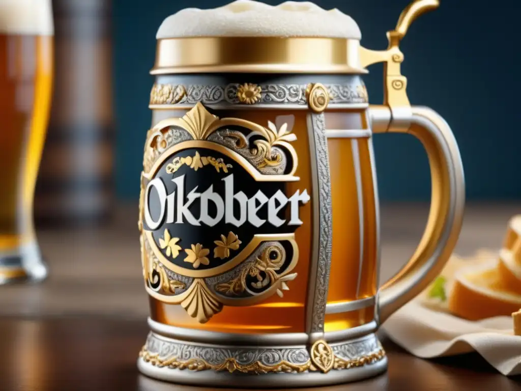 Stein Oktoberfest dorada, cerveza espumosa y decorada con detalles intrincados, evoca celebración y tradición