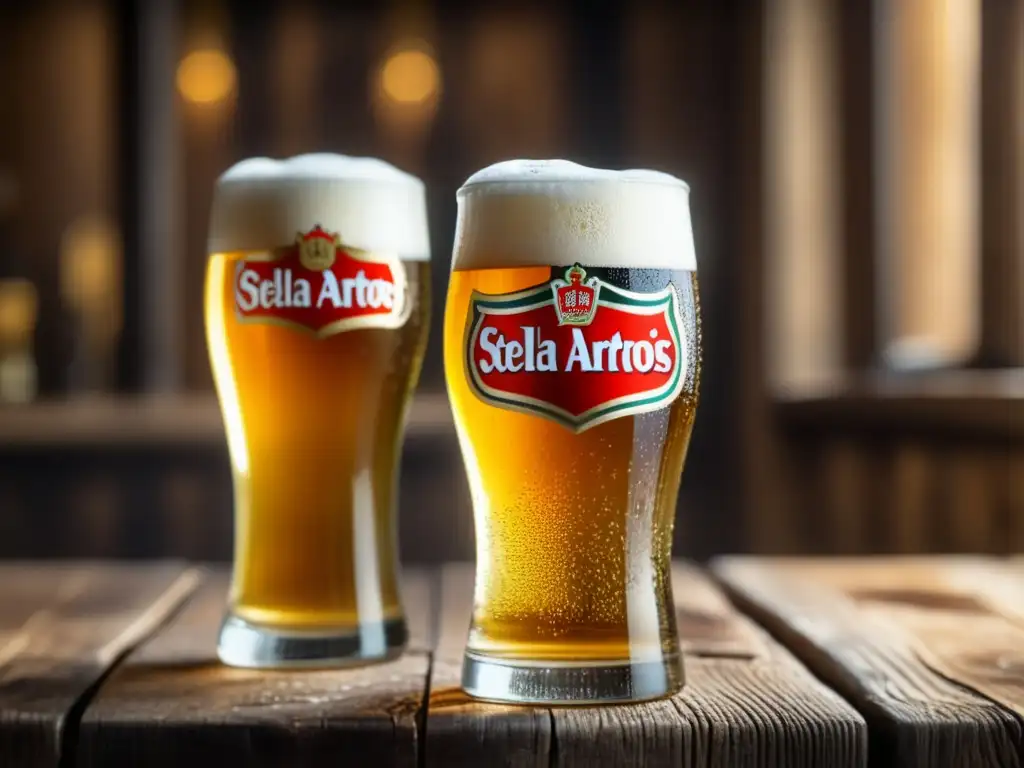 Cerveza Stella Artois en vaso de vidrio con burbujas y condensación en mesa de madera -