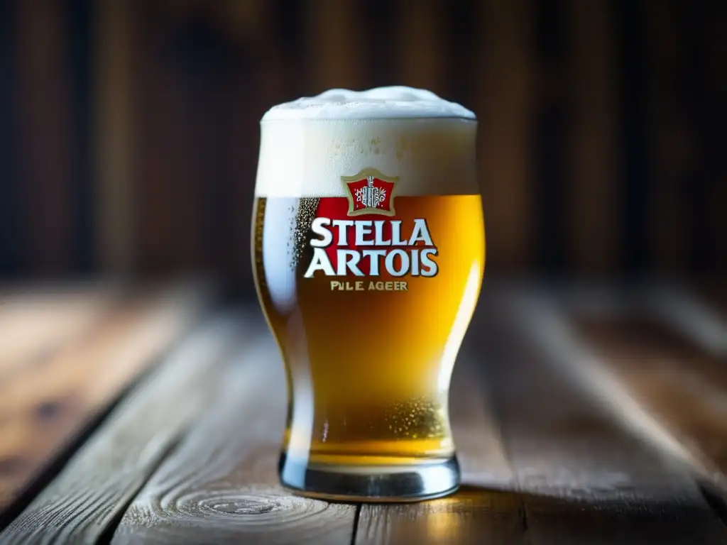 Atractiva Stella Artois pale lager dorada, con espuma cremosa y burbujas, se destaca en mesa de madera