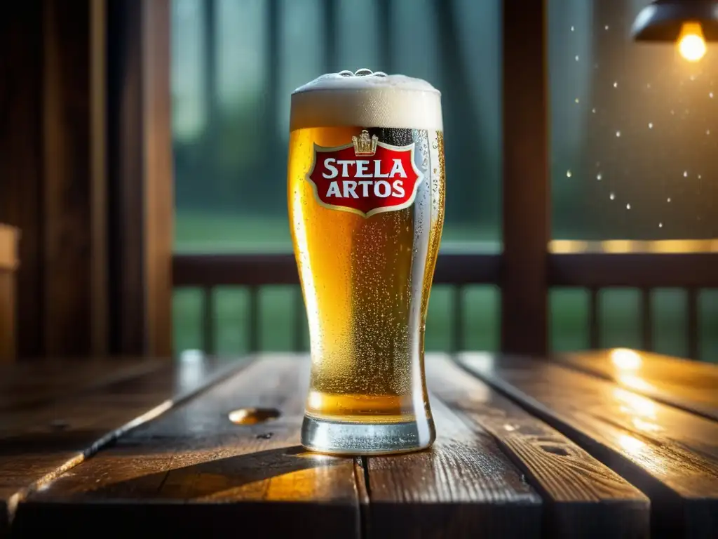 Cerveza Stella Artois Pale Lager en vaso de cristal, refrescante y encantadora, lista para disfrutar