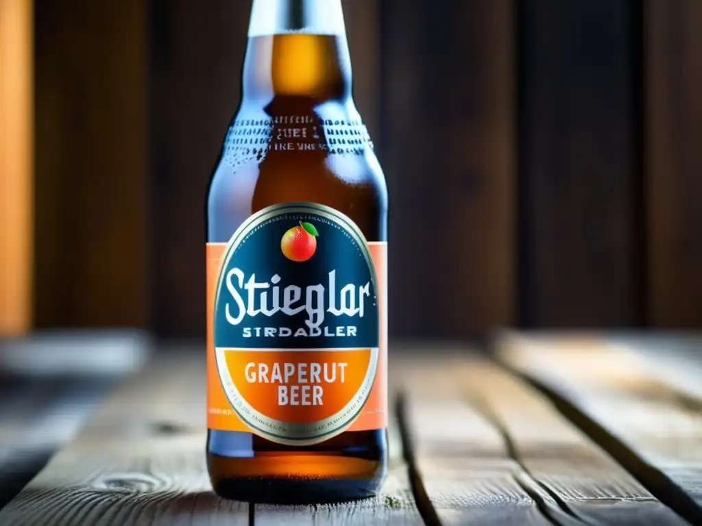 Cerveza StieglRadler Grapefruit: botella refrescante con condensación, acabado mate, logo y sabor de pomelo destacados