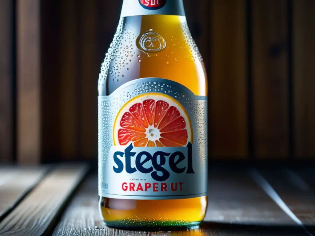 Botella de StieglRadler Grapefruit helada sobre mesa de madera, con gotas de condensación