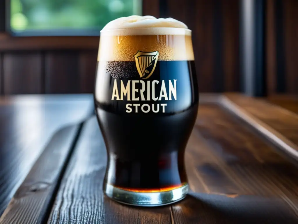 American Stout en copa de vidrio lleno hasta el borde, color ébano, espuma cremosa y detalles exquisitos