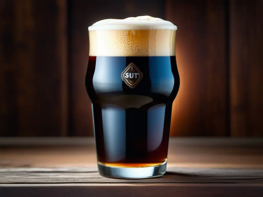 Imagen detallada de pint glass con cerveza stout, resaltando color, textura y condensación - Estilos de cerveza