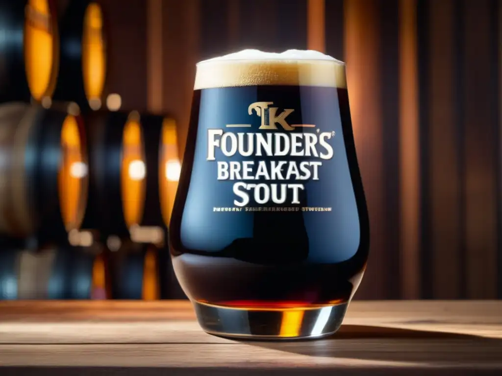 Cerveza Stout Kentucky Breakfast: imagen realista de un vaso lleno de Founders Kentucky Breakfast Stout, con color oscuro y espuma cremosa