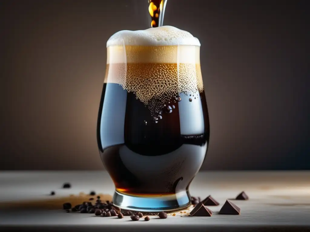 Cerveza stout de chocolate: imagen en alta definición muestra la cascada seductora y cremosa de la cerveza al ser vertida en una copa