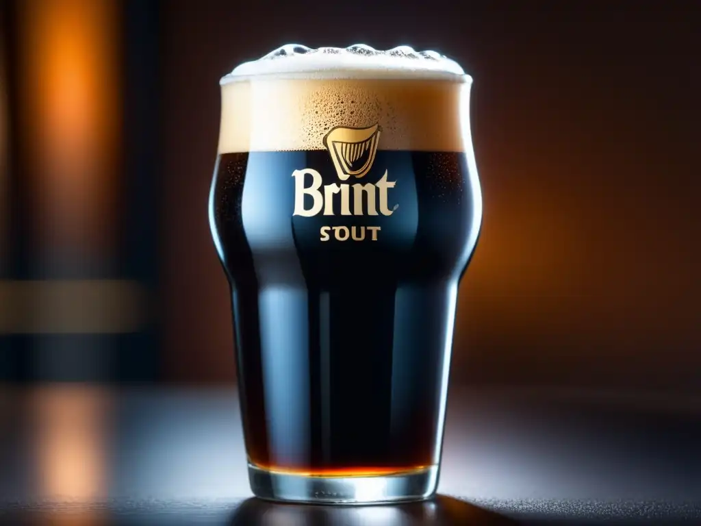 Pinta de cerveza stout negro intenso, con burbujas y luces suaves - ¡Davok Stout!