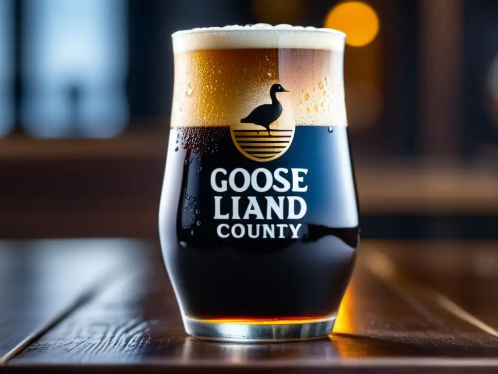 Una cerveza Stout de Goose Island con color oscuro y detalles elegantes