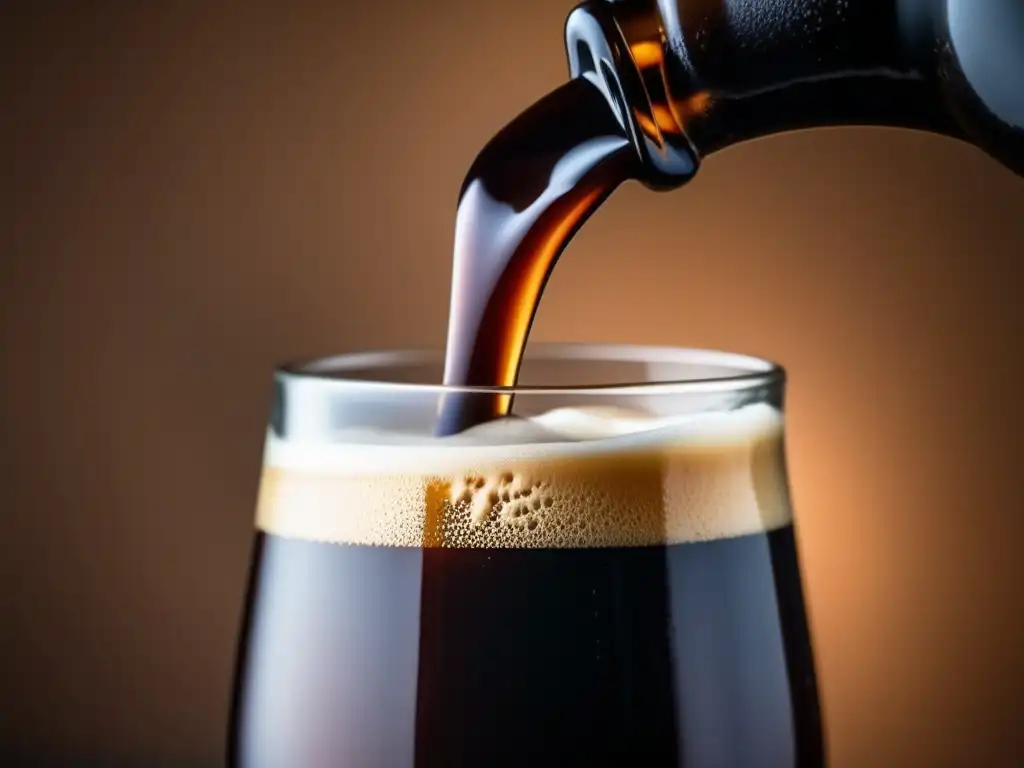 Cerveza Stout de Avena y Postres de Chocolate: Una imagen seductora de una cerveza vertiéndose en un vaso, con colores ricos y texturas irresistibles