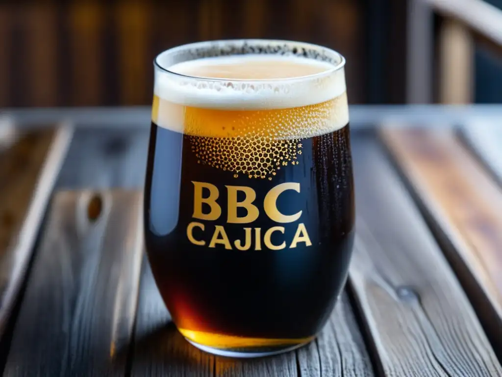 Cerveza BBC Cajica Honey Stout: pintura oscura y cremosa, espuma tancolored, burbujas brillantes, textura suave y profundidad