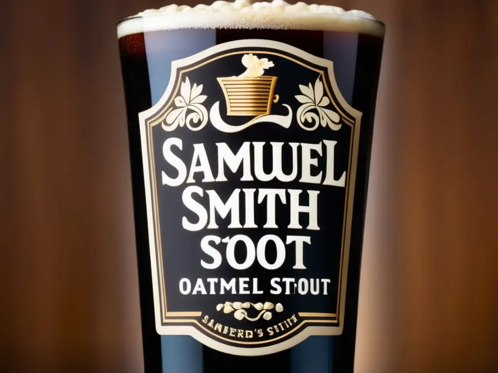 Pintura de cerveza Samuel Smith's Oatmeal Stout, color marrón oscuro, espuma cremosa y burbujas en el vidrio