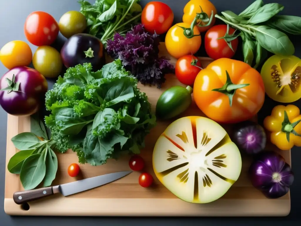 Cocina contemporánea: Tabla de cortar de madera con ingredientes vibrantes como tomates, kale morado y pimientos