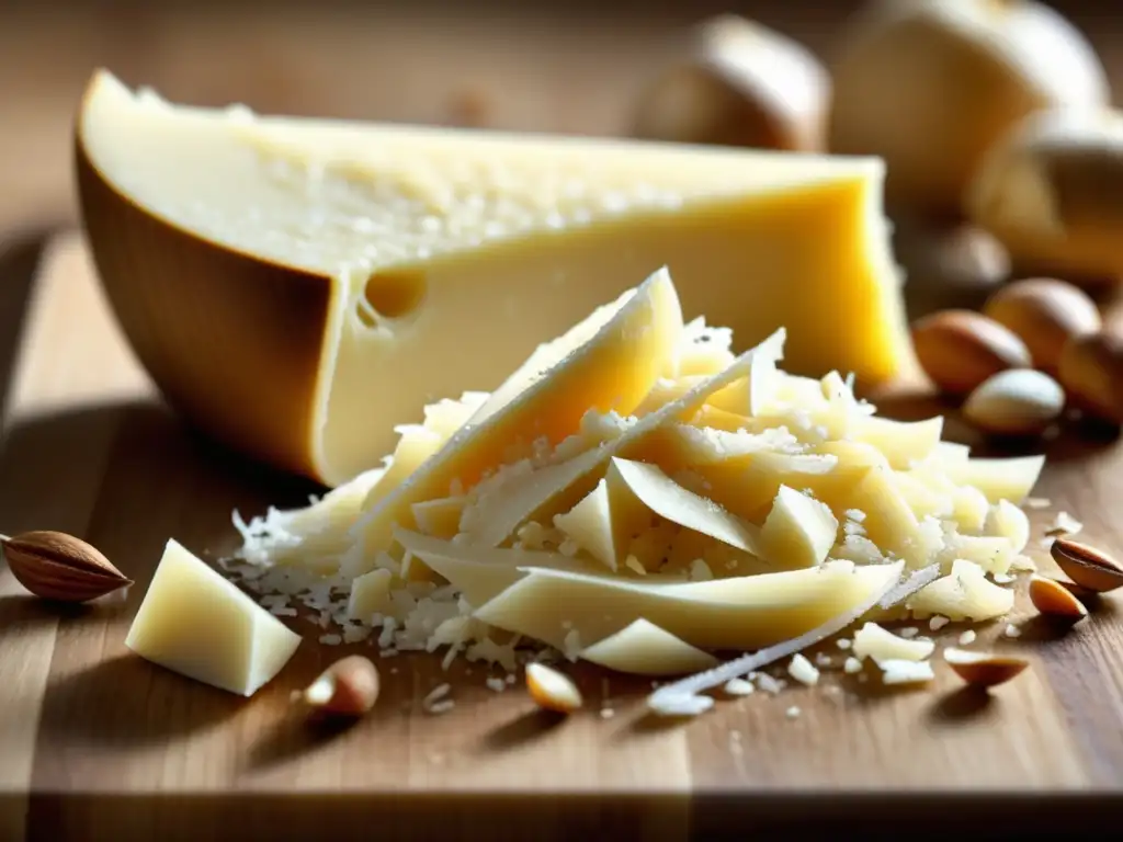 Corte de queso parmesano fresco con textura cremosa y color dorado, acompañado de piñones y ajo en tabla de cortar