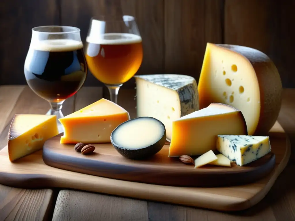 Cervezas y quesos: plato de queso artesanal y cervezas artesanales perfectamente maridadas en una imagen detallada y elegante