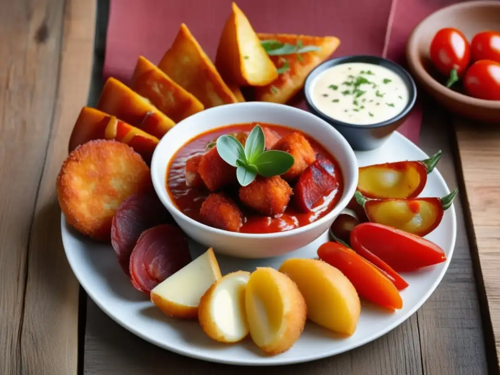 Plato de tapas españolas: Jamón Ibérico, patatas bravas, croquetas, chorizo, pimientos, gambas al ajillo