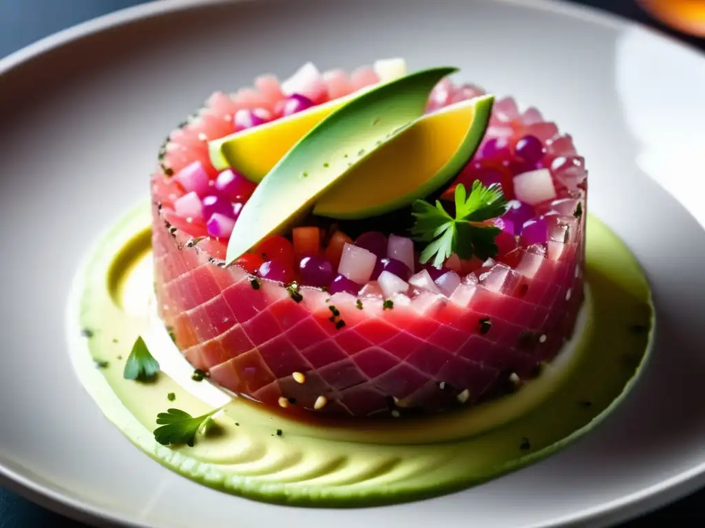 Un plato de tartar de atún con berliner weisse, destacando sus colores y texturas vibrantes