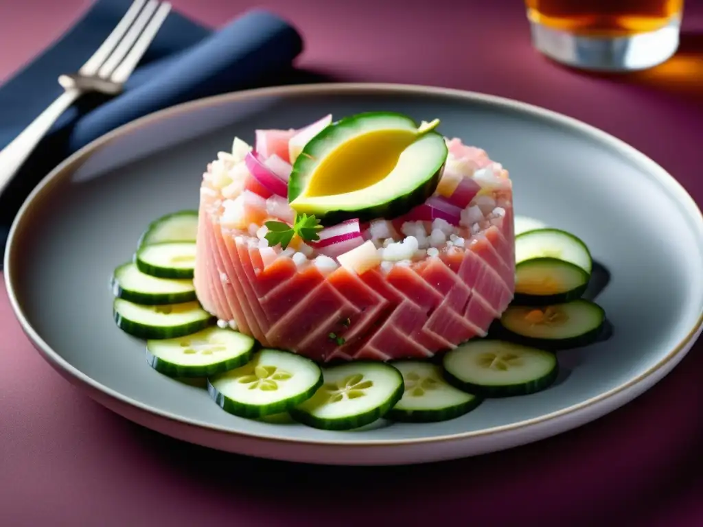 Delicioso Tartar de Atún con Berliner Weisse: Tuna fresca y vibrante, aliño cítrico, texturas y detalles exquisitos