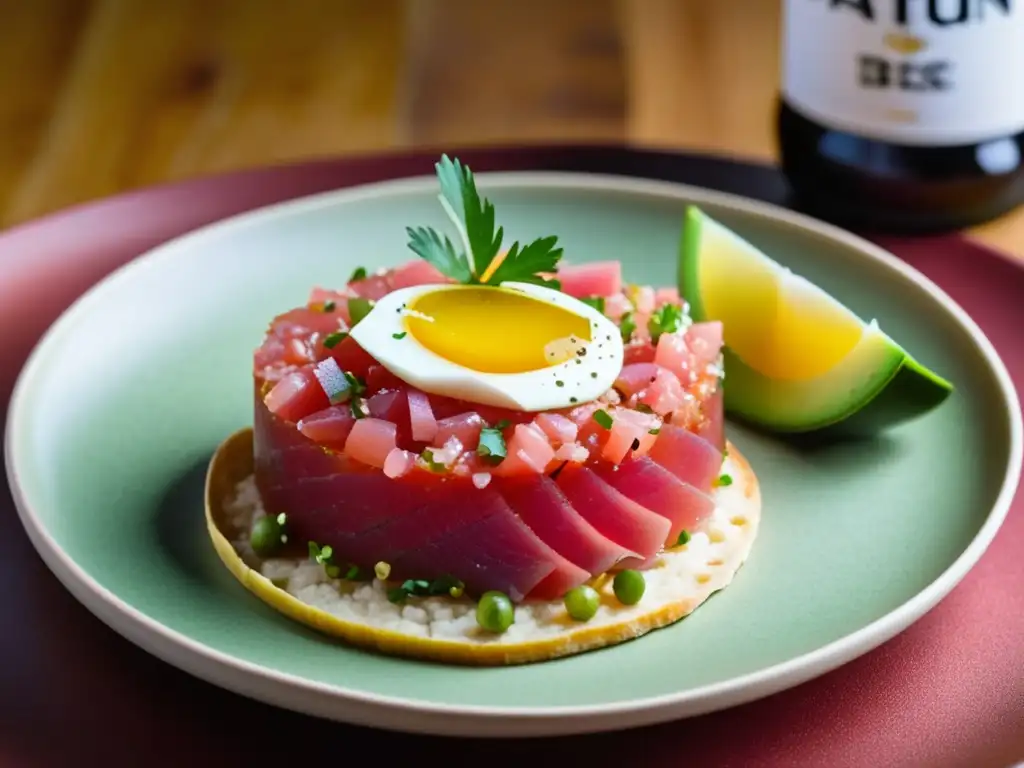 Delicioso tartar de atún con Berliner Weisse, presentado con elegancia y colores vibrantes (110 caracteres)