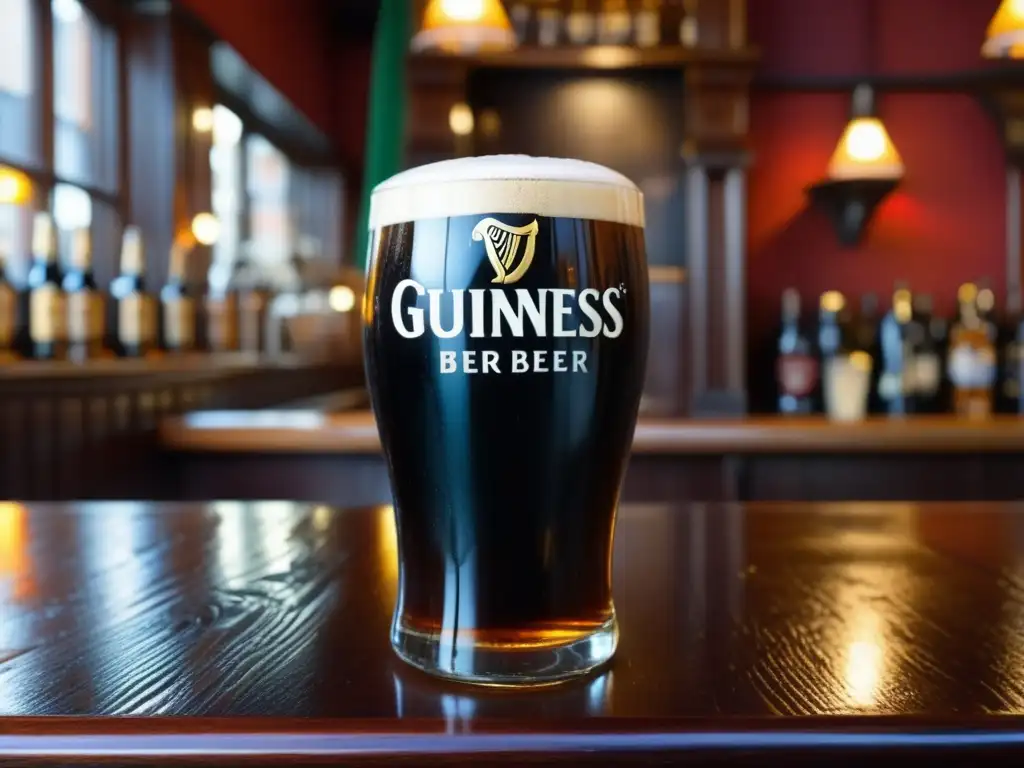 Bares en Dublin: Imagen detallada y vibrante de Temple Bar, con un pint de Guinness perfectamente servido en un pub irlandes tradicional