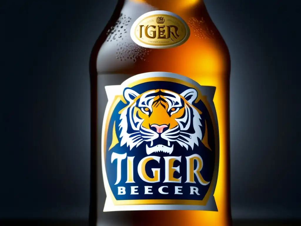 Botella de Tiger Beer helada y detallada, refrescante y sofisticada, invitando a explorar Apariencia, Aroma y Sabor