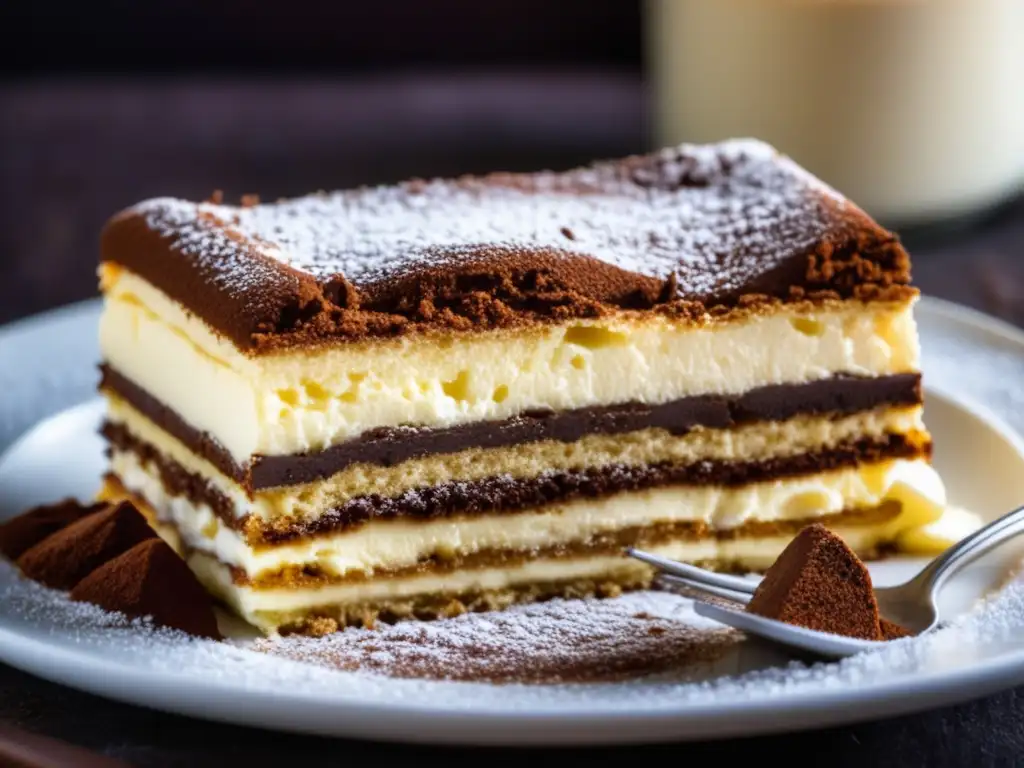 Delicioso tiramisú italiano con capas cremosas y esponjosas de queso mascarpone y bizcochos de café