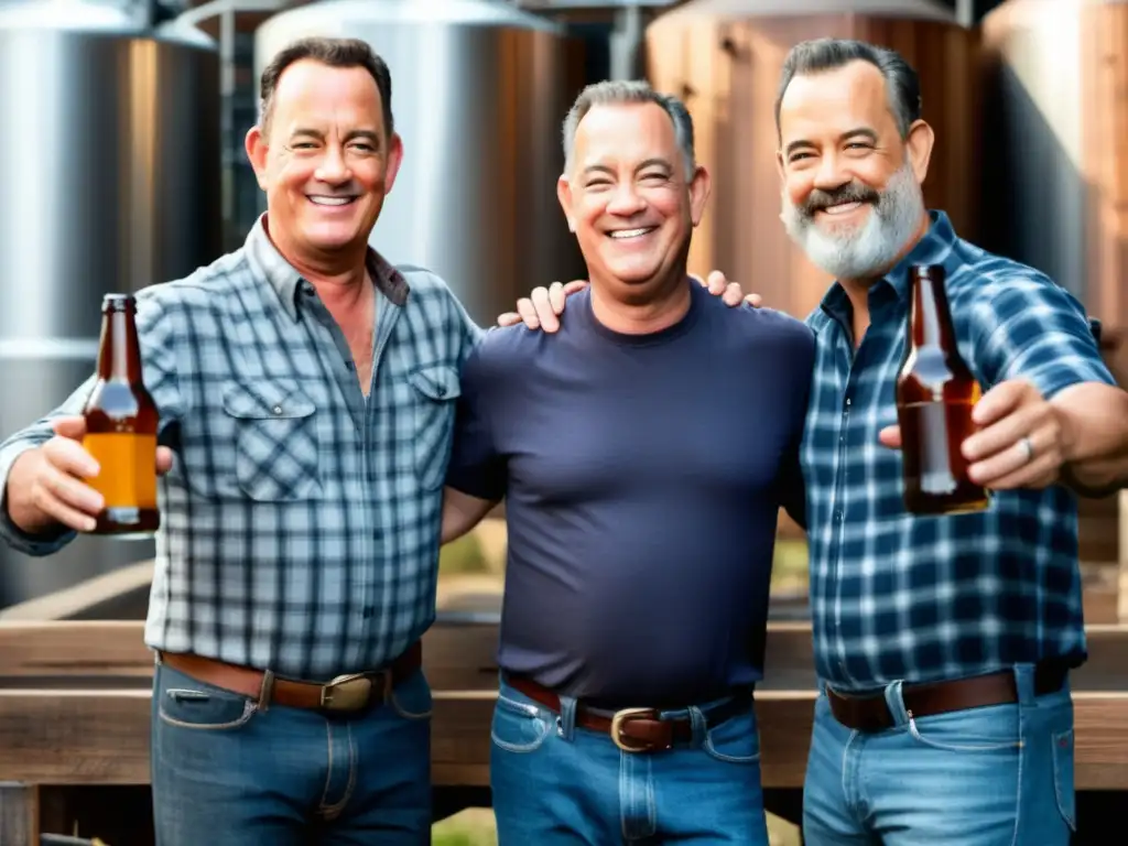 Tom Hanks y Deschutes Brewery colaboran en una imagen promocional de su cerveza benéfica, destacando la etiqueta y la colaboración con celebridades