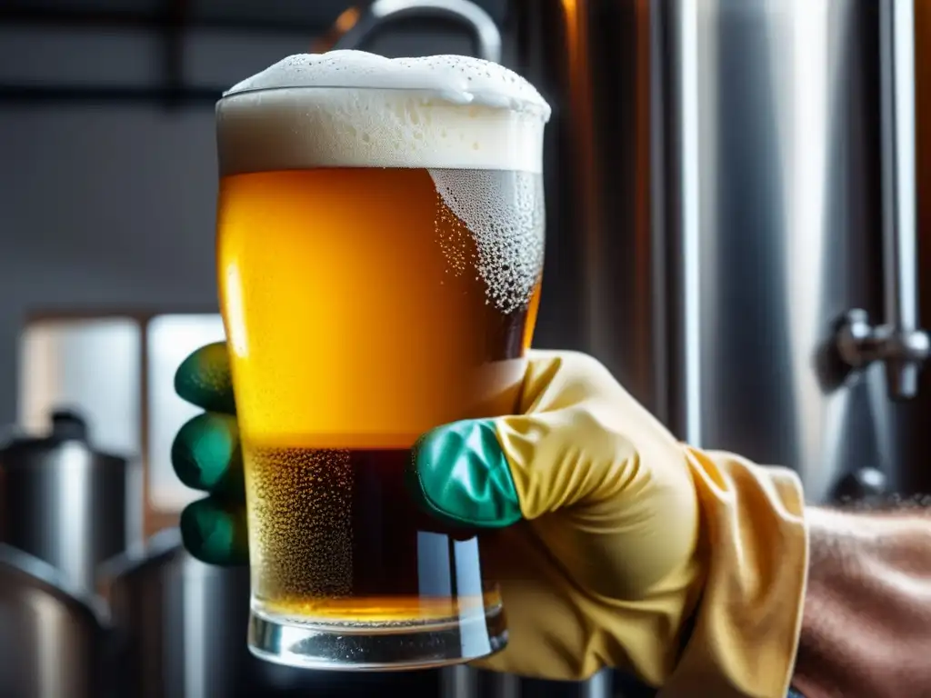 Enfrentando Retos: Detalle de trabajador cervecero con guantes protectores sosteniendo una cerveza