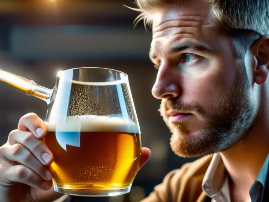 Trabajador cervecero inspeccionando minuciosamente una cerveza dorada y efervescente con magnifying glass - Innovación y Mercado