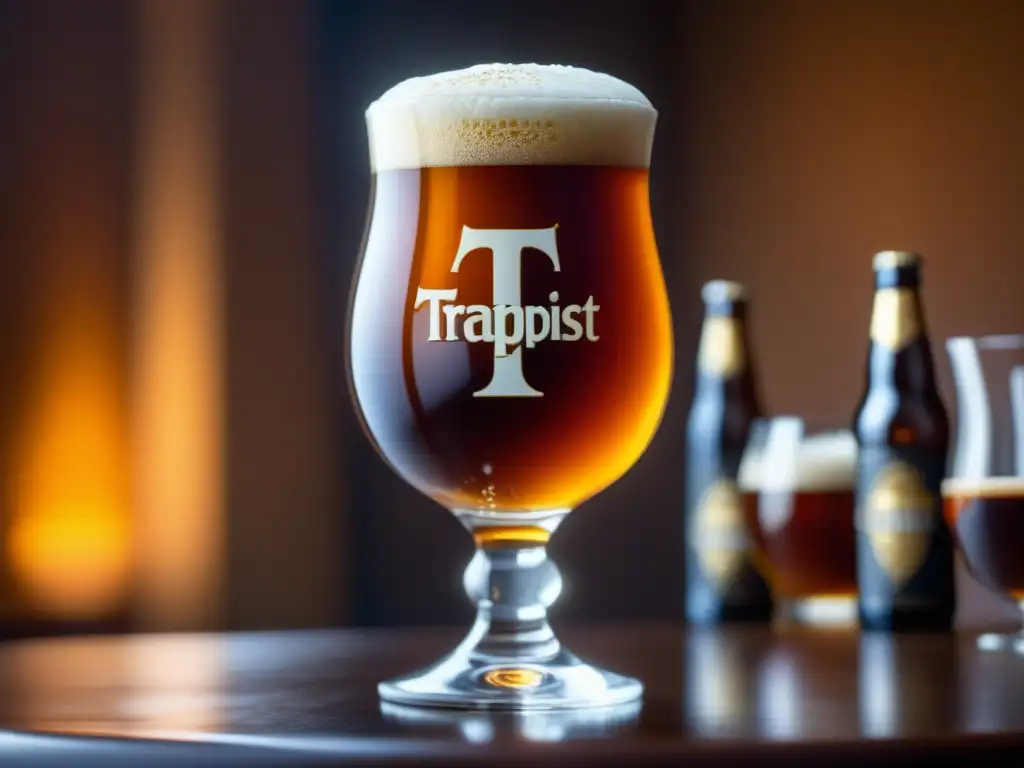 Vaso de cerveza Trappist Ale con espuma cremosa y burbujas doradas