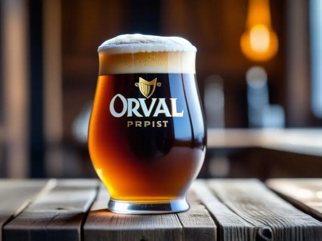 Vaso Trappist Ale con cerveza Orval en mesa de madera rústica