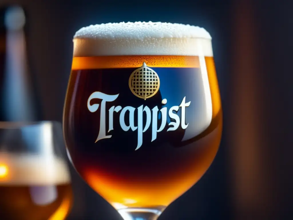Cerveza Trappist con color ámbar, espuma blanca y burbujas efervescentes