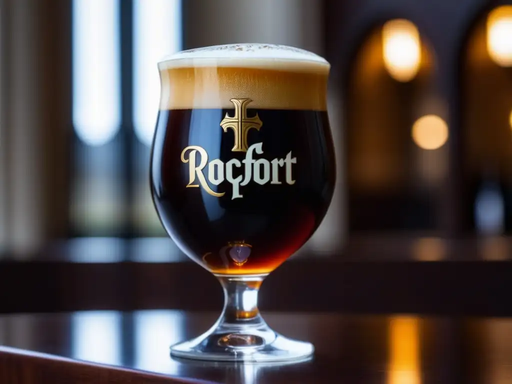 Vaso de cerveza Trappist Rochefort 10, con espuma cremosa y cerveza mahogany