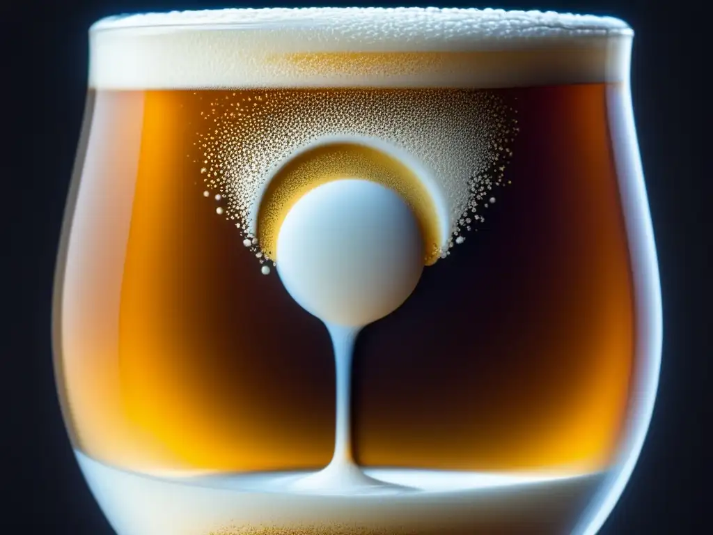 Trappist beer glass with golden liquid, creamy foam, and effervescence, showcasing artistry of beermaking process