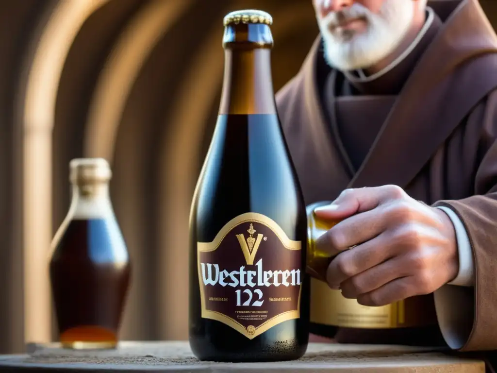 Trappist monk showcasing Westvleteren 12 beer bottle's intricate label, shape, and color