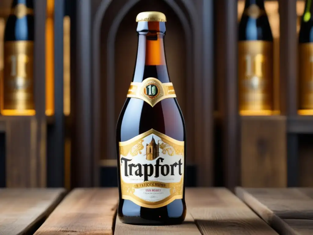 Cerveza Trappistes Rochefort 10 con detalle dorado y etiqueta elegante, en mesa rústica