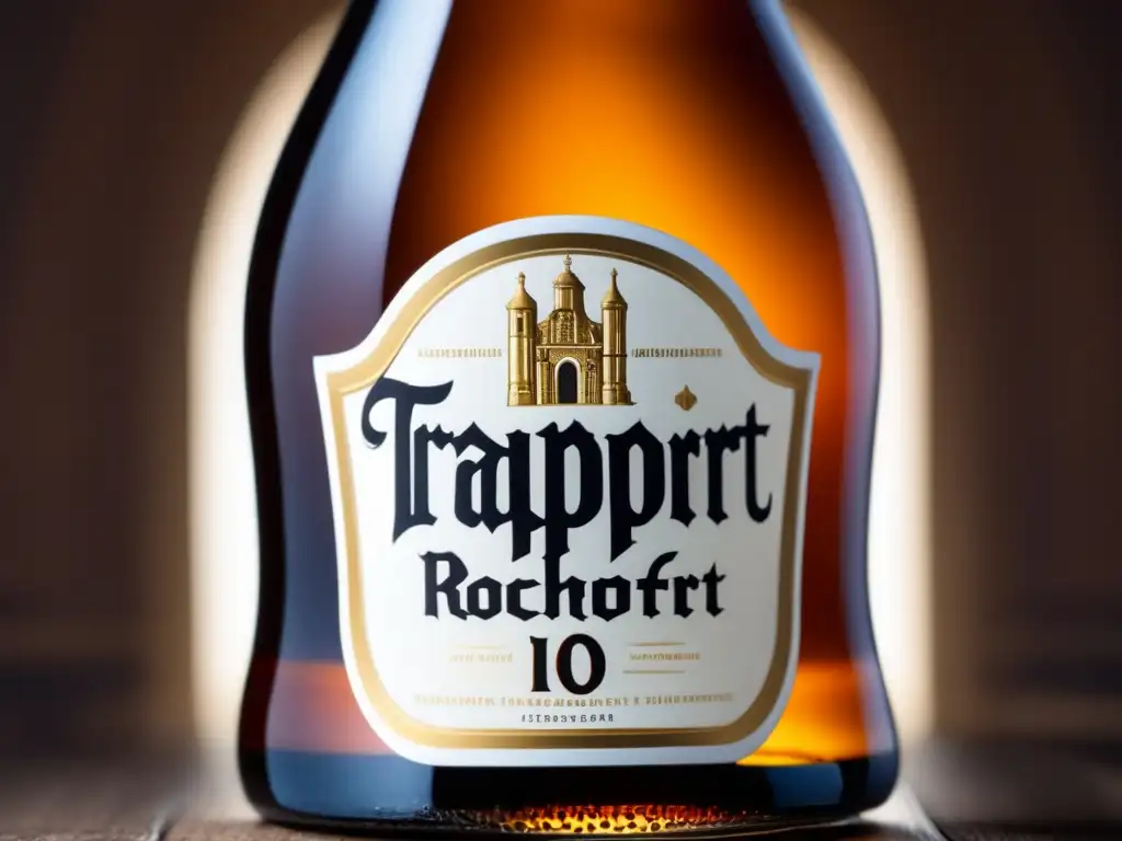 Ultradetalle de cerveza Trappistes Rochefort 10, resaltando la artesanía y tradición de la Trappist Ale