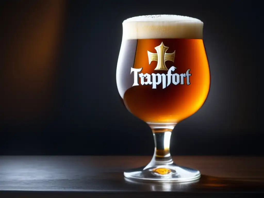 Deliciosa cerveza Trappistes Rochefort 10 con espuma y burbujas, en un vaso sobre fondo oscuro