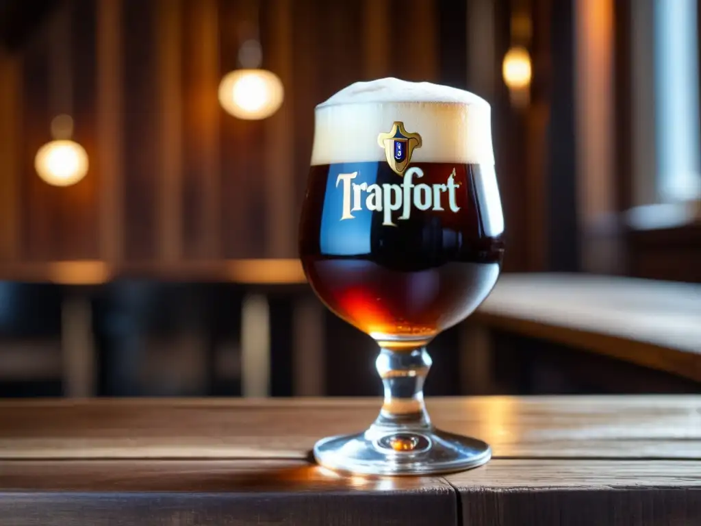 Cerveza Quadrupel Trappistes Rochefort 10 en vaso de vidrio sobre mesa rústica