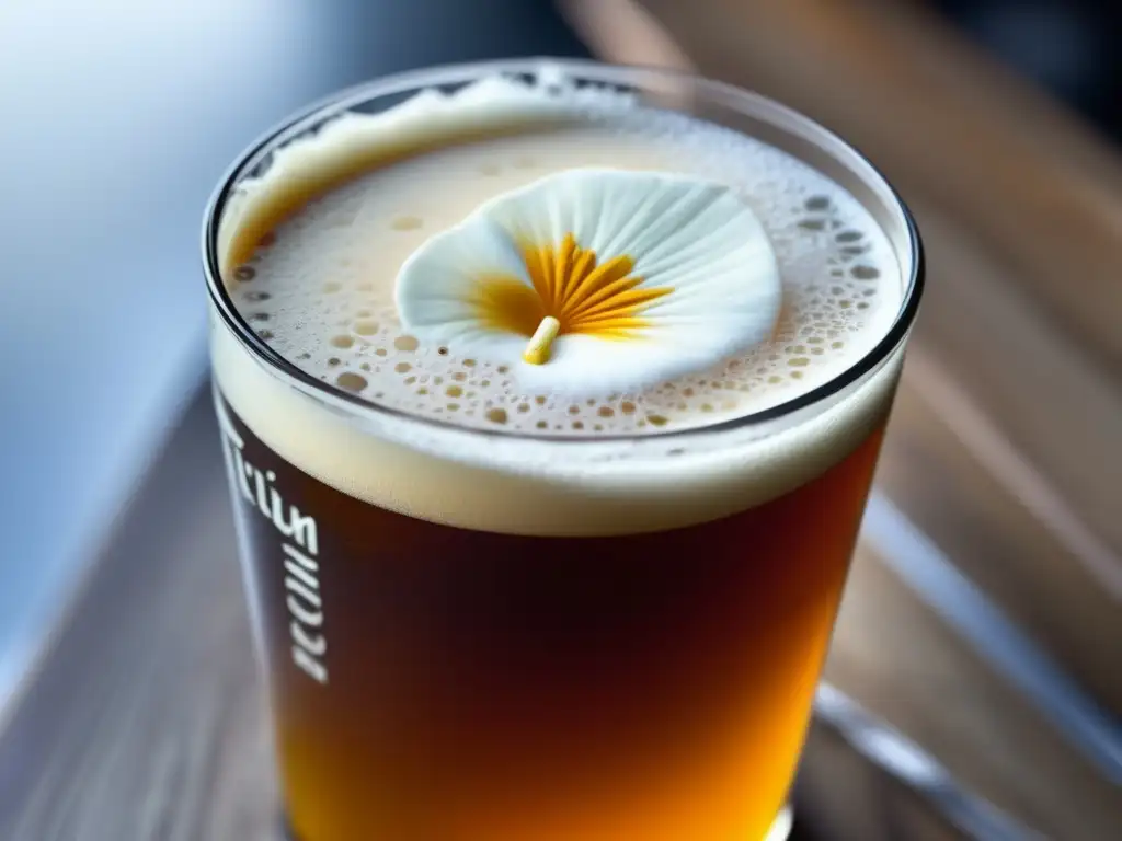 Cerveza artesanal de Trillium Brewing Company, color ámbar con espuma cremosa y detalles delicados