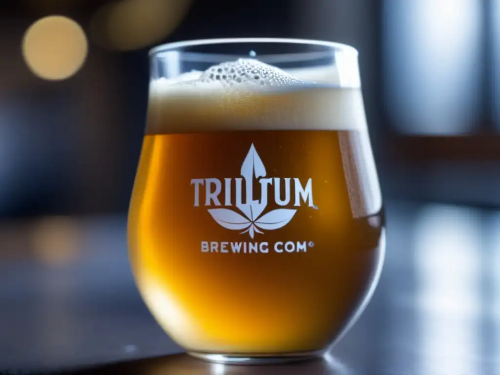 Cerveza dorada de Trillium Brewing Company con espuma y detalles de carbonatación