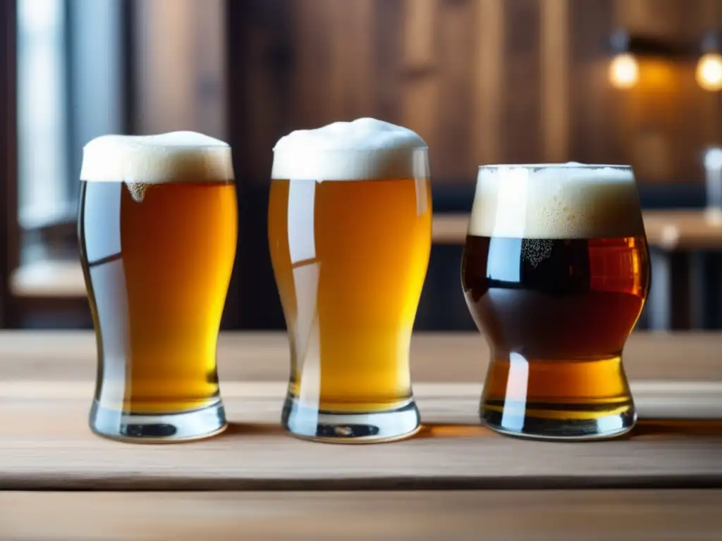 Estilos de cerveza: tres vasos de cerveza con diferentes colores y texturas en una mesa de madera