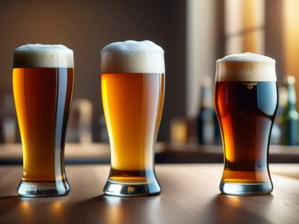 Tres cervezas en distintos vasos: claridad y color en magníficas imágenes