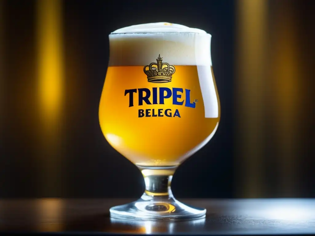 Cerveza Tripel Belga y Mariscos Grasos en vaso elegante con espuma cremosa y efervescencia cautivadora