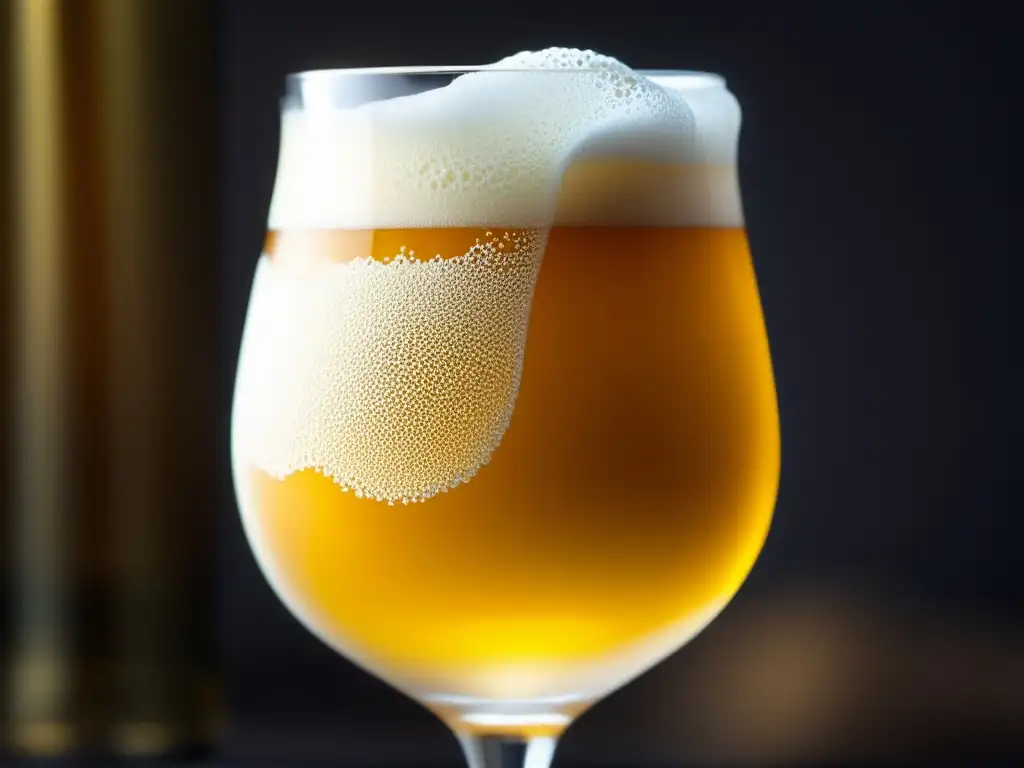 Cerveza Tripel dorada y espumosa en copa tulipa, resaltando su color ámbar y espuma cremosa