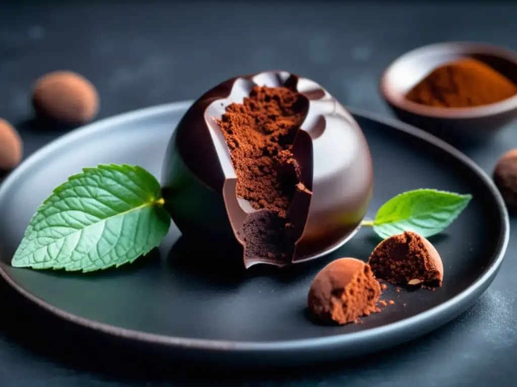 Delicioso trufa de chocolate oscuro rodeada de granos de cacao y menta fresca en plato negro mate