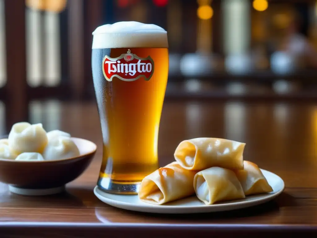 Tsingtao: Detallada imagen de una copa de cerveza dorada rodeada de platos chinos tradicionales en una mesa de madera tallada