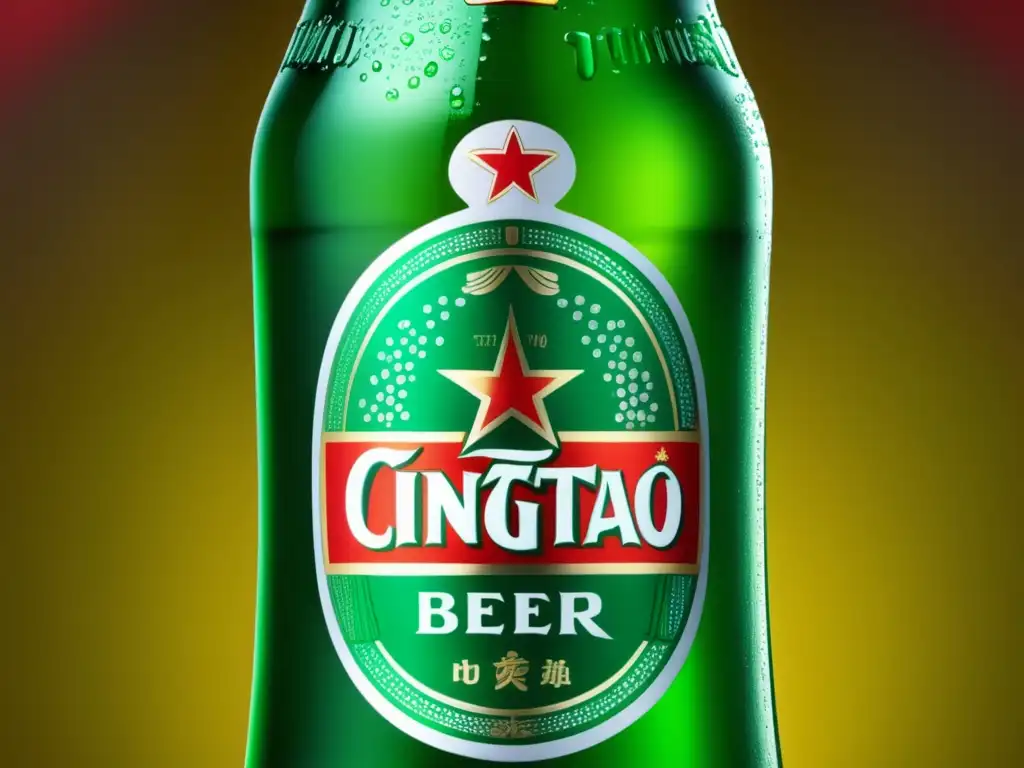 Botella de cerveza Tsingtao: cristalina, condensada y refrescante, con logo rojo y dorado, detalles texturizados y líquido dorado