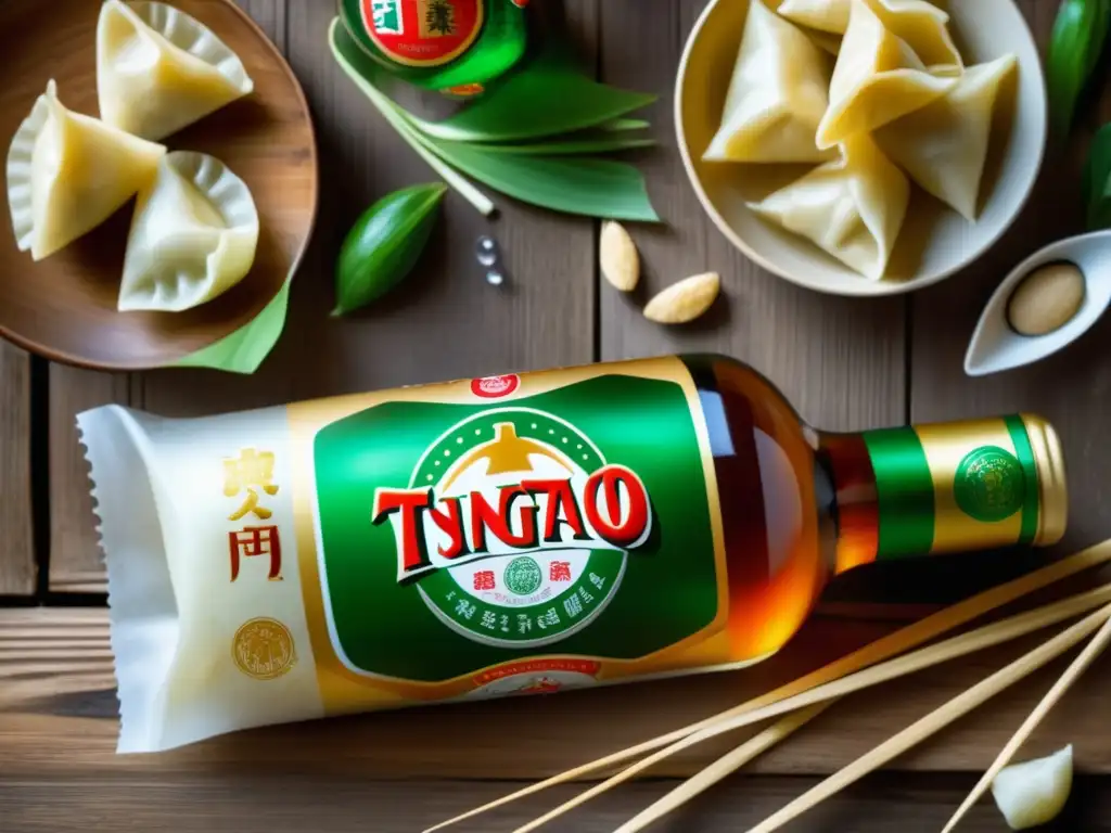 Detalle de botella de cerveza Tsingtao rodeada de comida china tradicional, resaltando su refrescante naturaleza