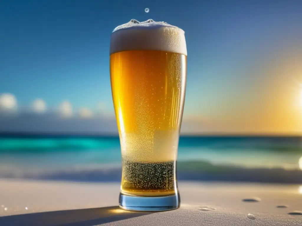 Imagen detallada de cerveza Pilsner Tulum, refrescante y con burbujas, con condensación en el vaso y etiqueta artística